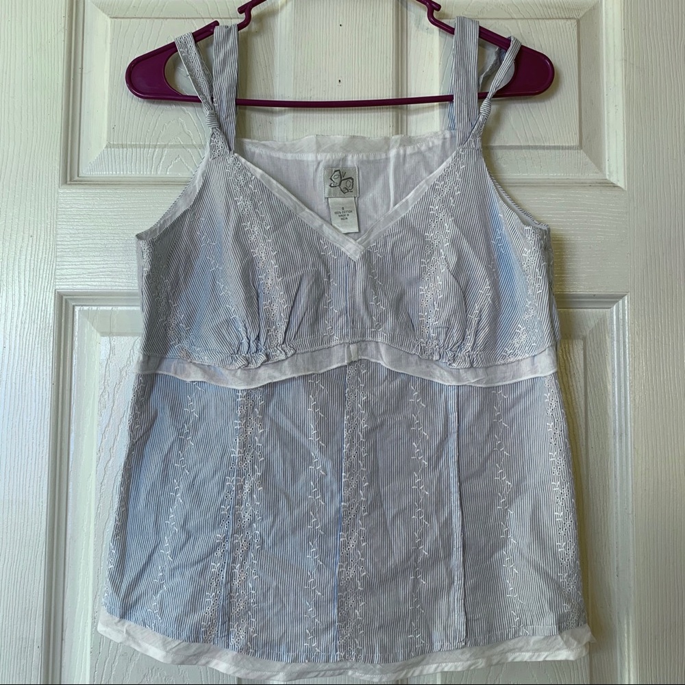 Blue/white stripe lace eyelet cotton tank GUC